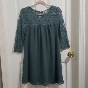 Lace Neck Dark Teal Shift Dress 3/4 Sleeve Size M